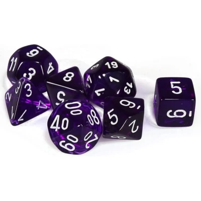 Afbeelding van Chessex Doorschijnend Paars/wit Polydice Dobbelsteen Set (7 stuks)