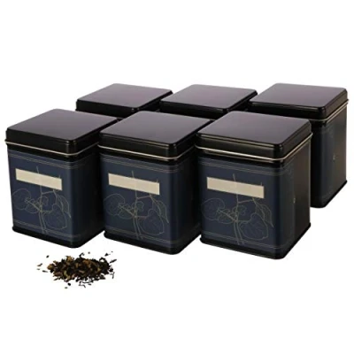 Afbeelding van Dosenritter 6 klassieke vierkante theeblikjes, stapelbaar, van metaal 140 g, Earl Grey, met bloemenetiketten, 9,8 x 7,6 cm (h b d), ook ideaal als meelblikje,