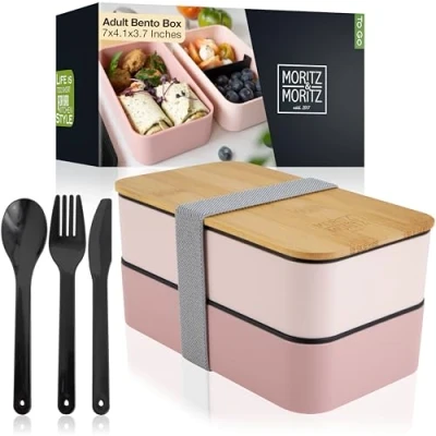 Afbeelding van Moritz &amp; Bento Box voor kinderen in roze, perfecte lunchbox en volwassenen, broodtrommel met vakken, ideaal werk, school onderweg