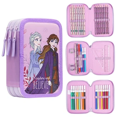 Afbeelding van Disney etui voor meisjes, Stitch, Frozen, gevulde met vak viltstiften, kawaii, cadeau idee kinderen en meisjes (Frozen, paars)