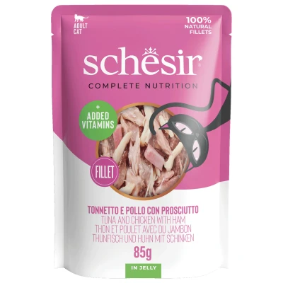 Afbeelding van SCHESIR in jelly Tuna and chicken with ham nat kattenvoer 85 g