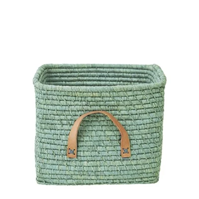 Afbeelding van Rice Small Square Raffia Basket with Leather Handles Mint