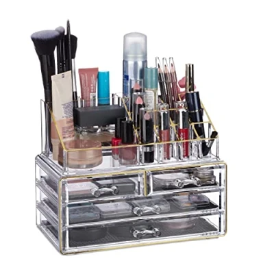 Afbeelding van Relaxdays make up organizer tweedelig cosmetica opbergdoos lippenstift houder Goud strepen