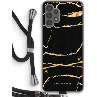 Afbeelding van Case Company® hoesje met Koord geschikt voor Samsung Galaxy A13 4G Gouden marmer Telefoonhoesje Zwart Bescherming aan alle Kanten en Over de Schermrand