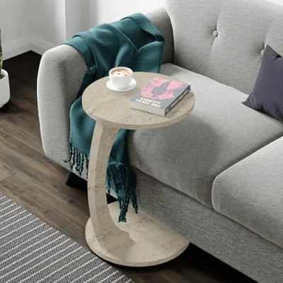 Afbeelding van [en.casa] Table d&#039;Appoint Ronde pour Salon de Chevet Design Chambre Bout Canapé aux 4 Roulettes Panneau Particules 56 x 38 cm Travertin