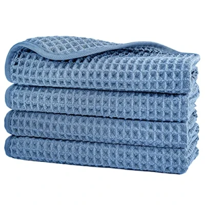 Afbeelding van POLYTE Set van 4 pluisvrije microvezeldoeken voor het gezicht, 33 x cm, blauw, wafelweefsel