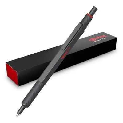 Afbeelding van rOtring 600 balpen, middelste punt, zwarte inkt, volledig metalen behuizing, donkergrijs, antislip gekartelde grip en zeshoekige navulbaar