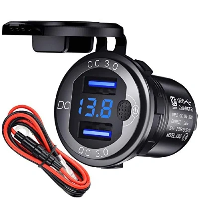 Afbeelding van 12 V USB stopcontact autolader met schakelaar, KFZ lader, 24 V, Quick Charge 3.0, metaal, waterdicht, aansluiting voor motorfiets, woonwagen, boot, LKW