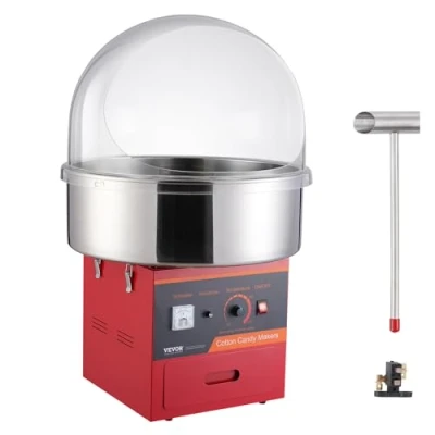 Image de VEVOR Machine à Barbe Papa Électrique 1000 W, Appareil Commercial avec Couvercle Rouge, Bol en Acier Inoxydable, Cuillère Sucre, Tiroir, pour Faire Bonbons Fête Anniversaire