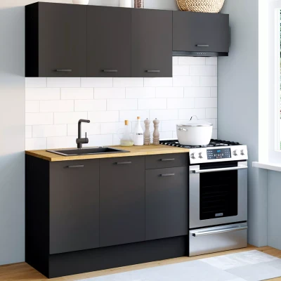 Afbeelding van Complete 180 cm SUBTIL keuken met zwart werkblad 5 kasten en houten blad