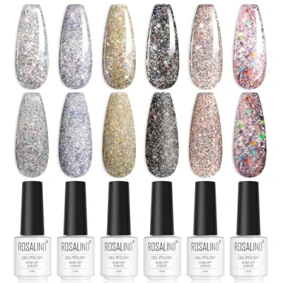 Afbeelding van ROSALIND semi permanente nagellak, uv gel, permanent, 6 kleuren, roze, zilver, geel, zwart, glitter, soak off, UV/LED, manicure
