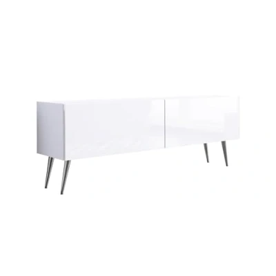Afbeelding van Meuble TV : deux portes, étagères, Couleur blanc mat/blanc brillant, pieds chromés, D L 140 cm, H 52 P 32 cm