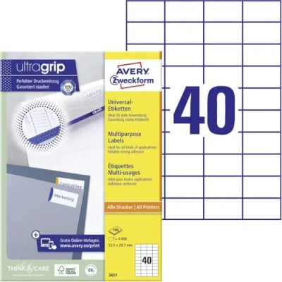 Afbeelding van Avery Zweckform 3651, Universele etiketten , Ultragrip, wit, 100 vel, 40 per 52,5 x 29,7 mm etiket