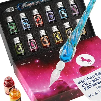 Afbeelding van Glazen Dip Pen Inkt Set Kristallen met 12 Kleurrijke voor Kunst, Schrijven, Handtekeningen, Kalligrafie, Decoratie, Gift GCGP 06