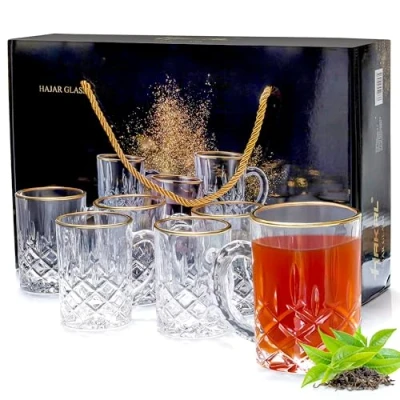 Afbeelding van Gouden toets, set van 6 prachtige glazen bekers 210 ml in geschenkdoos, perfect voor Arabische, Turkse en Marokkaanse espressokopjes