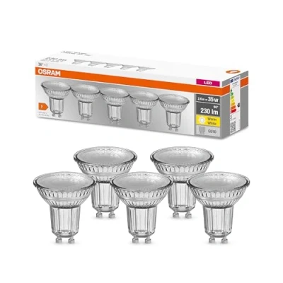 Image de Osram Base LED PAR16, culot : GU10, non variable, blanc chaud, remplace une lampe traditionnelle de 35 W, angle faisceau 36 degrés, lot 5