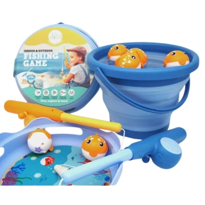 Afbeelding van visspel Fishing game Compact Reisspeelgoed Emmer Zeef Hengels Vissen met geluid vakantie