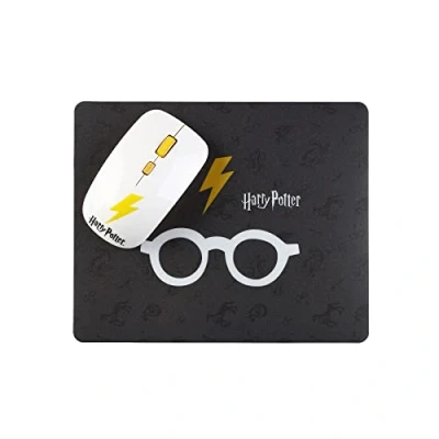 Afbeelding van WONDEE Harry Potter draadloze muis en muismat met motief in zwart wit, officieel fanartikel, geschenken