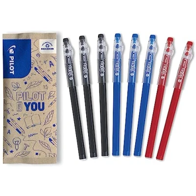 Afbeelding van PILOT 8 balpennen uitwisbare gelinkt 3 blauw, zwart en 2 rood de FriXion Economy met medium punt Om in schooltas te stoppen Schoolbenodigdheden