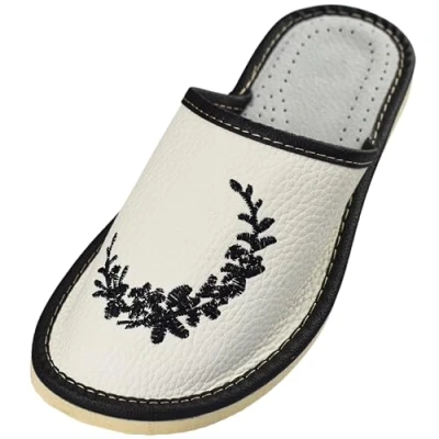 Afbeelding van APREGGIO pantoffels voor dames, leer, praktische volwassenen, handgemaakt, comfortabele damesschoenen, Zwart wit.