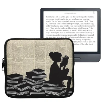 Afbeelding van kwmobile Universele Cover voor eReader Neopreen hoesje Meisje met boeken design zwart / beige