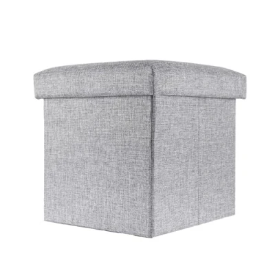 Afbeelding van Intirilife Opvouwbaar krukje 30x30x30 cm in ALASKA GREY Zitkubus met opbergruimte en deksel van stof linnenlook voetensteun opbergbox kist bankzitting
