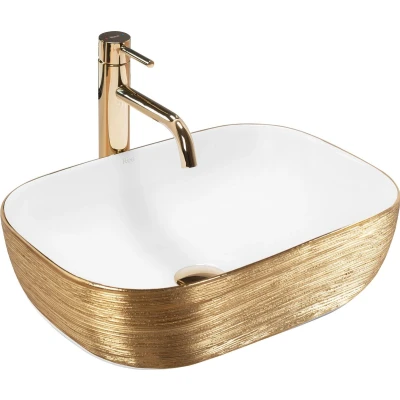 Afbeelding van REA Belinda Gold Brush White Luxe Waskom 465 mm Geborsteld Goud