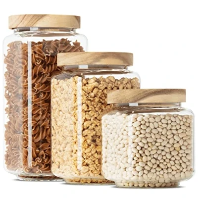 Afbeelding van Voorraadpotten, rechthoekig, set met deksel, 1200 ml, 900 ml &amp; 600 (3 delig) van borosilicaatglas, stapelbaar en luchtdicht, voorraaddozen, glazen containers, voor levensmiddelen, groot klein