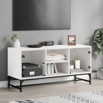 Afbeelding van Tv meubel met glazen deuren 102x37x50 cm wit