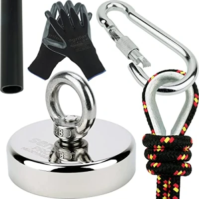 Afbeelding van Sensei set 200 kg, neodymium magneet N52 met oog Ø 7 x H 1,8 cm, vistouw 25 m, beschermende handschoenen + accessoires, magneetset voor zoeken en vissen