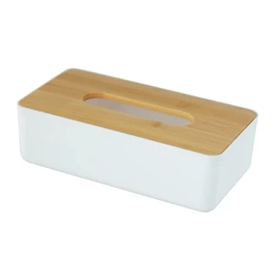 Afbeelding van WENKO Rotello Tissuebox voor cosmetische doekjes of zakdoeken in standaard kartonnen dozen, van kunststof, bamboedeksel, eenvoudig te verwijderen, 24 x 7,5 12,7 cm, wit/natuurlijke kleur