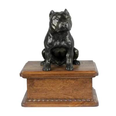 Afbeelding van Persoonlijke houten urn hond voor American Staffordshire Terrier met beeldje