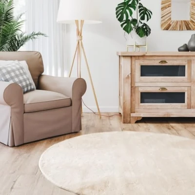 Afbeelding van Interiyou hoogpolig tapijt Fargo 200 x cm rond beige pluizig kunstbont wasbaar antislip zacht bont