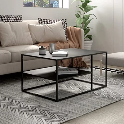Afbeelding van Salontafel Solund met plank 45x90x60 cm zwart mat [en.casa]