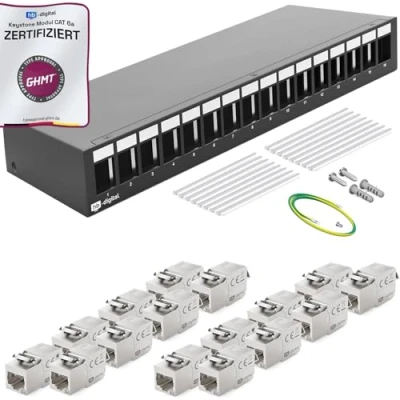 Afbeelding van HB DIGITAL Kit: Patchveldbehuizing met 16 aansluitingen voor Keystone module + RJ45 stopcontacten categorie 6a netwerkinstallatie compatibel Ethernet LAN installatiekabel, zwart