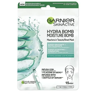 Afbeelding van Garnier Skin Active Hydra Bomb stoffen masker, super hydraterende en revitaliserende formule, voor alle huidtypes, met hyaluronzuur biologische aloë vera, 28 g