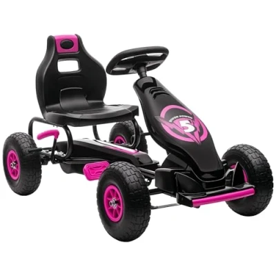 Afbeelding van HOMCOM Kart met pedalen voor kinderen, Go pedaal, verstelbare zitting, 3 standen, handrem, antislipbanden, kinderen van 5 tot 12 jaar, metaal + PP, roze, zwart