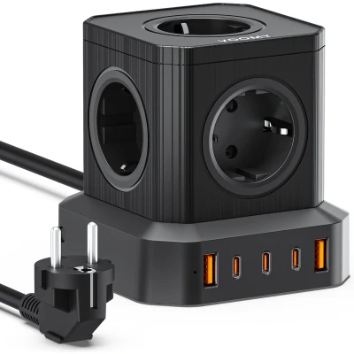 Afbeelding van Voomy Cube 100W Stekkerdoos 3 USB C &amp; 2 A Poorten 5 Stopcontacten Aan / Uit schakelaar Snellader voor Laptop, Telefoon Tablet Powercube Oplader, Adapter, Verlengsnoer Zwart
