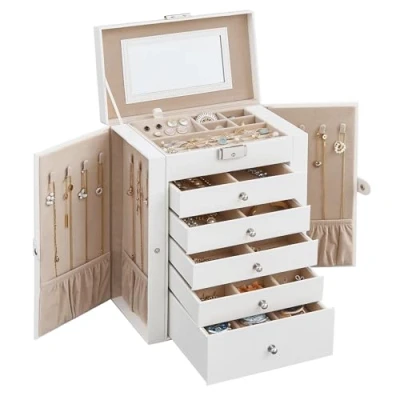 Afbeelding van SONGMICS Sieradenbox, groot, 6 niveaus met vleugels, laden, spiegel en sluiting, voor armbanden, oorbellen, ringen, halskettingen, horloges, kerstcadeau, wit JBC152W01