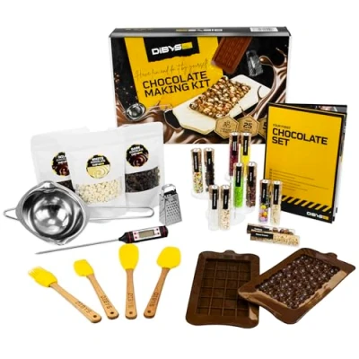 Afbeelding van DIBYS Doe het zelf chocoladeset, chocoladeset met natuurlijke ingrediënten en 12 vullingen, cadeau idee voor kinderen volwassenen, ideaal verjaardagen Kerstmis, keukenset