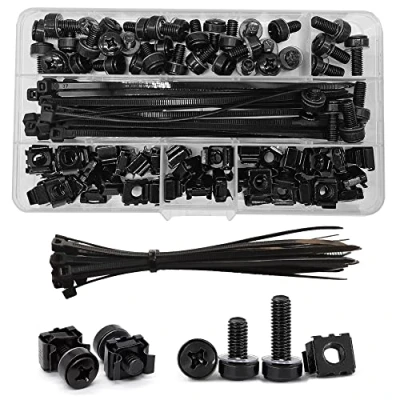 Afbeelding van 100 stuks (40 stuks) M6 x 16/20 mm kooimoeren bouten sluitringen set server rekken kast schroefmoeren voor netwerkkasten (zwart)