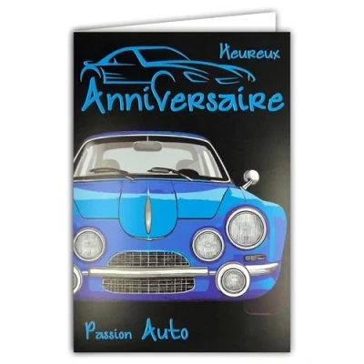 Afbeelding van 69 8126 Fluo kaart Gelukkig Verjaardag Passie Auto Sportwagen Mechanische Coupe Blauw Met Envelopp 12 x 17,5 cm Binnenkant Wit om te schrijven Echte inkten Gemaakt en geproduceerd in