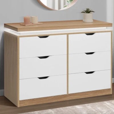 Afbeelding van Commode 6 tiroirs LUNA à LEDs 115 cm blanc et plateau effet bois