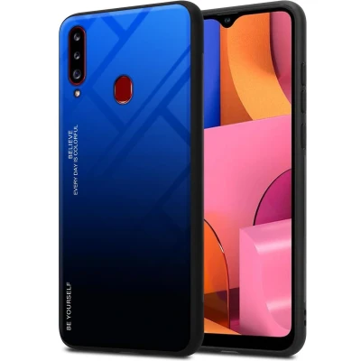 Afbeelding van Cadorabo Hoesje geschikt voor Samsung Galaxy A20s in BLAUW ZWART Tweekleurige beschermhoes van TPU silicone Case Cover en achterzijde gehard glas