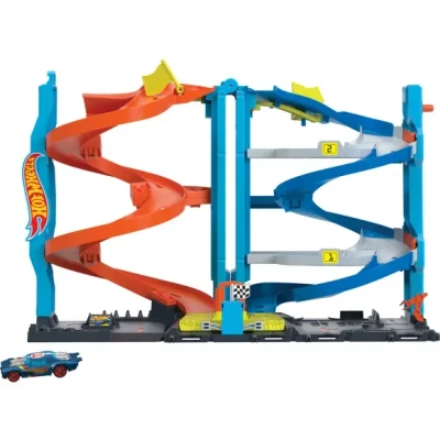 Afbeelding van Hot Wheels City Trackset met 1 auto, 2 in racetoren, ombouwbaar van een enkele spoorweg tweewegcircuit, handmatige lift, HKX43