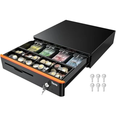 Afbeelding van Tera Kassalade voor munten en bankbiljetten, handmatig automatisch openen, 4 vakken bankbiljetten 8 stuks, RJ 12 aansluiting, 41 x cm, POS Restaurant, supermarkt, 405R BK