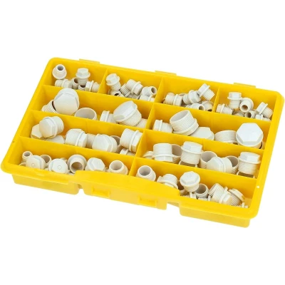 Afbeelding van 108 stuks Kalitec assortimentsdoos blinde pluggen grijs M12 M25 I smoornippelset assortiment afdichtpluggen met schroefdraad zeskantplug kunststof smoorpluggen