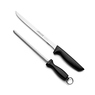 Afbeelding van Arcos Messenset. 2 stuks. Inclusief hammes voor het snijden van ham en Chaira roestvrijstalen messenslijper, Ergonomische handgreep polypropyleen. Niza serie. Kleur zwart.