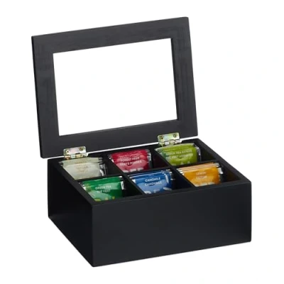 Afbeelding van Relaxdays Theebox, 6 vakken, bamboe, H x D: 9 21,5 16 cm, thee en koffiepads, theedoos met deksel, stofbescherming, zwart