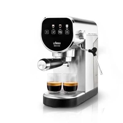 Afbeelding van Ufesa Sienna Espresso en cappuccino koffiezetapparaat, 20 bar, digitaal touchscreen, 1360 W, melkschuimmondstuk, 0,9 l, gemalen koffie ESE monodose, met steamer, bekerwarmer, roestvrij staal